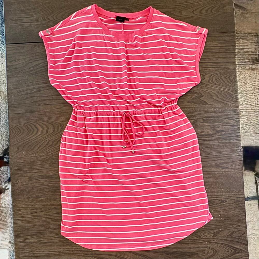 Rafaella XL Pink White Striped Drawstring Waist Casual Dress